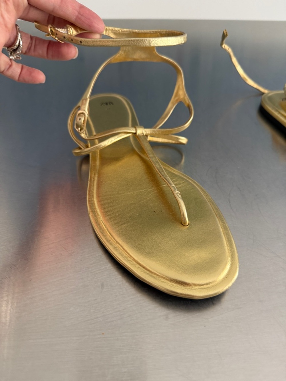 Zara Metallic Gold Ankle-Strap Thong Sandals